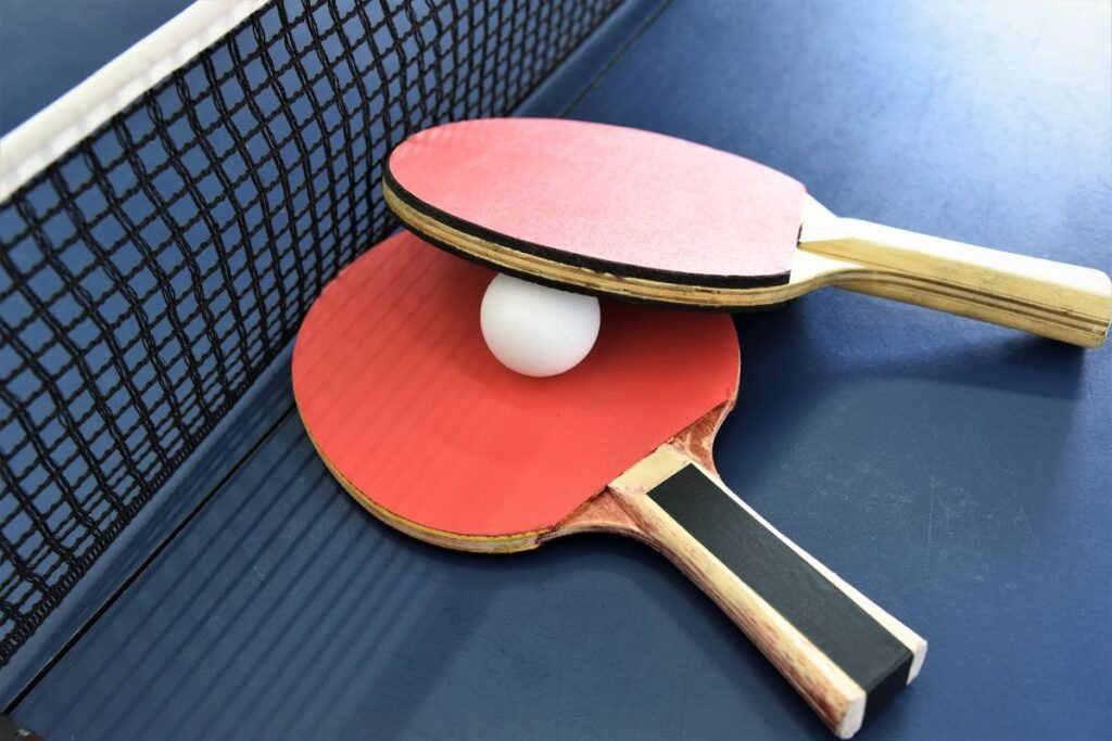 Two red paddles and a white ball resting on a blue table beside the net